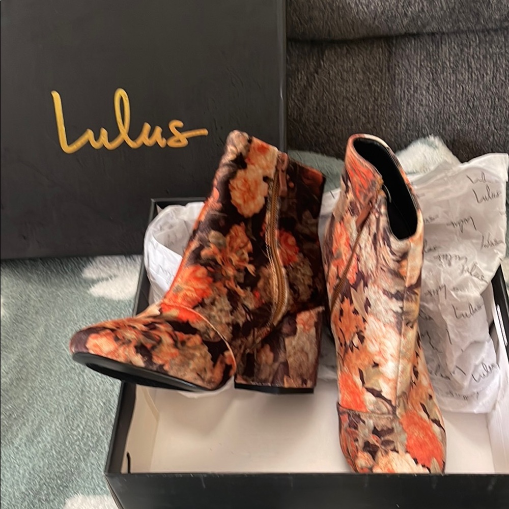 Lulu's Orange and Brown Ankle Booties with Artistic Design